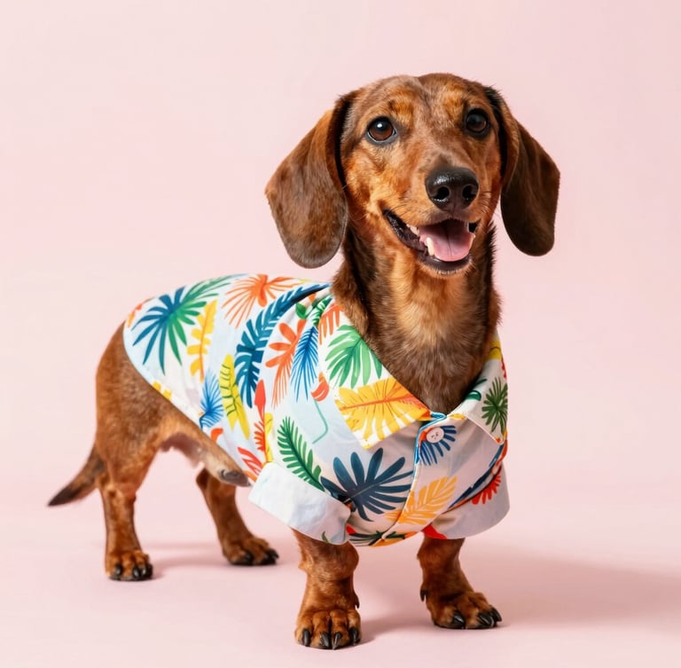 Vibrant pet photography, a happy dachshund wearing a colorful custom-tailored tropical shirt, standing proudly on a soft pastel background, bright natural daylight, eye-level shot.