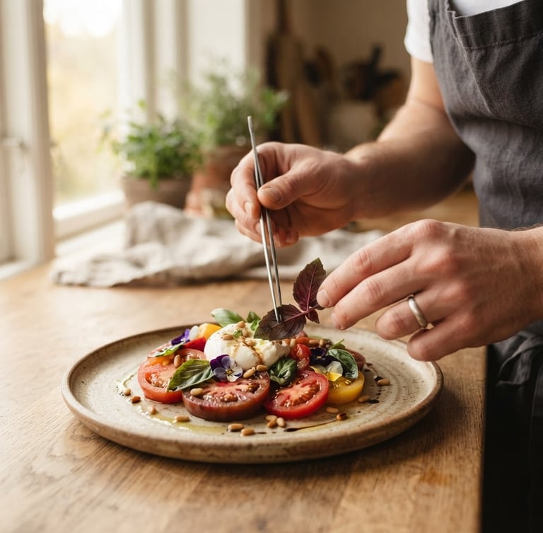 Close-up of a chef's hands plating a vibrant heirloom tomato dish under soft, natural Scandinavian window light, shallow depth of field, rich crimson tones
