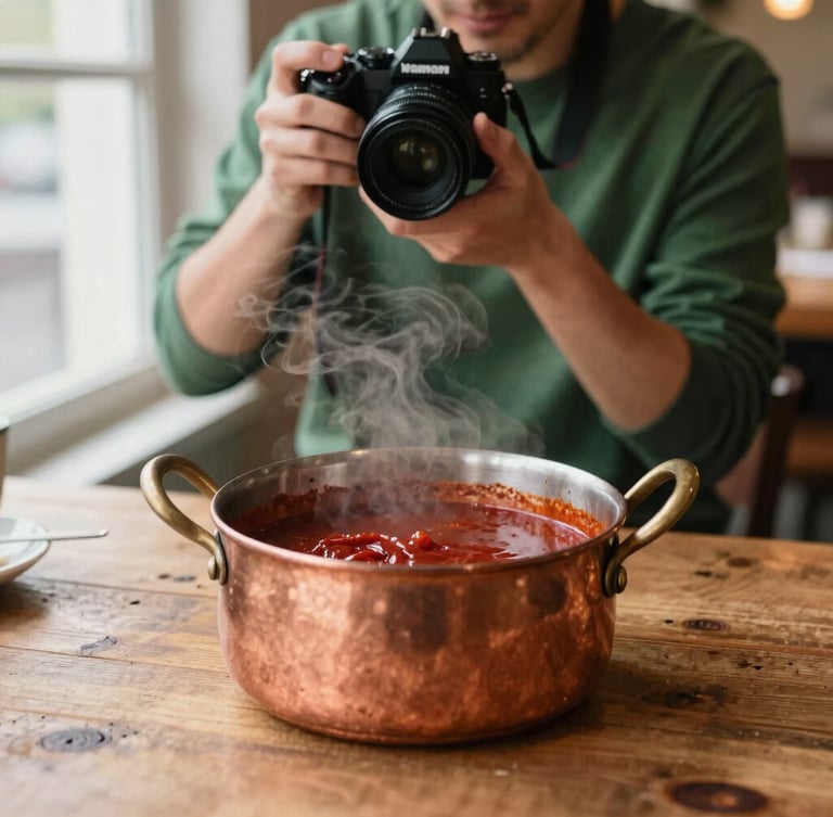 Candid environmental shot of a photographer holding a camera over a rustic wooden table, capturing a steaming copper pot of reduction sauce, soft natural lighting, cozy restaurant background