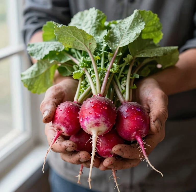 A close-up of a farmer's dirt-stained hands cradling a bunch of freshly harvested heirloom radishes, morning dew clinging to the vibrant red and purple skins, soft diffused natural light, shallow depth of field.
