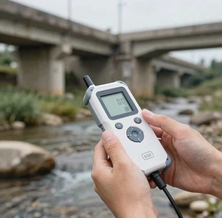 Close-up of hands holding a water quality testing device over a stream, concrete infrastructure in background, overcast daylight, professional 35mm photography.
