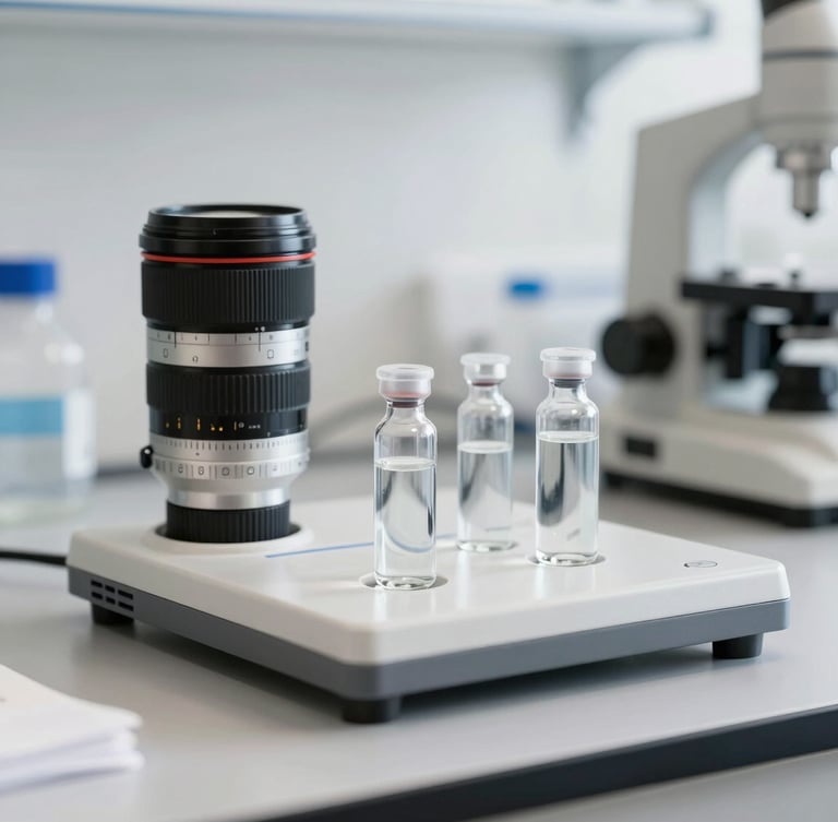 Close-up of water testing equipment and glass vials on a metal laboratory table, bright clean lighting, professional architectural lens