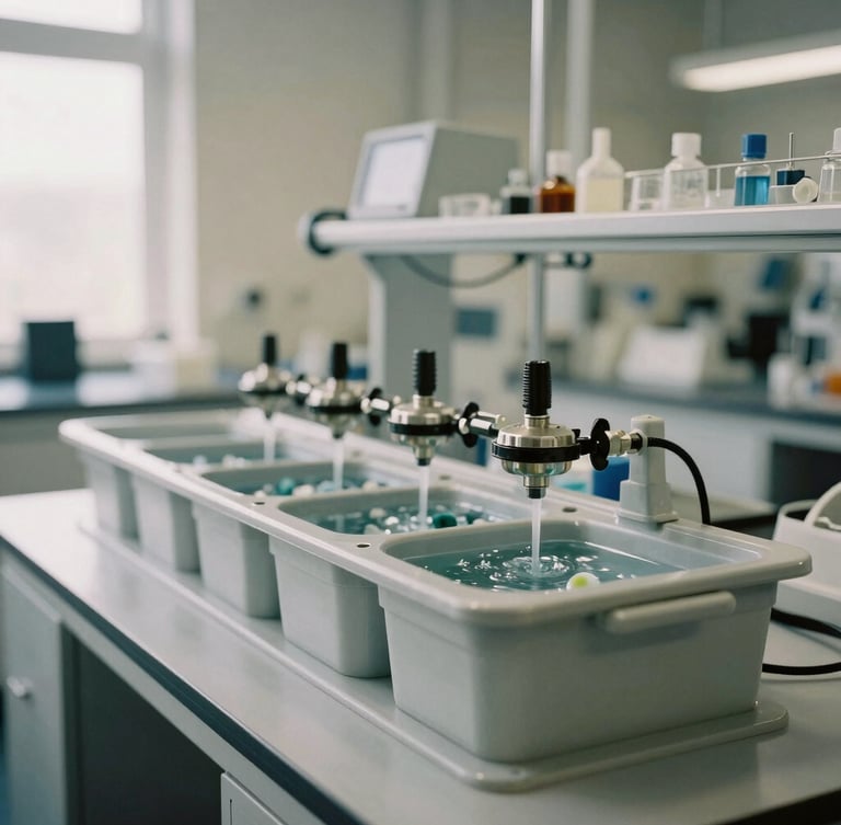 Crisp editorial photography of a water filtration testing array in an environmental laboratory, natural overcast daylight, muted earth tones, 35mm.