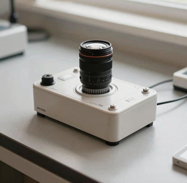 Crisp editorial close-up of a water filtration testing kit on a slate-grey workbench, natural overcast daylight, muted earth tones, professional 35mm lens composition.