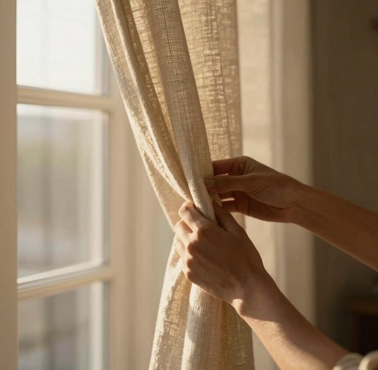 Close-up of hands adjusting heavy linen drapes, soft directional golden-hour window light, rich tactile textures, shallow depth of field, architectural 35mm