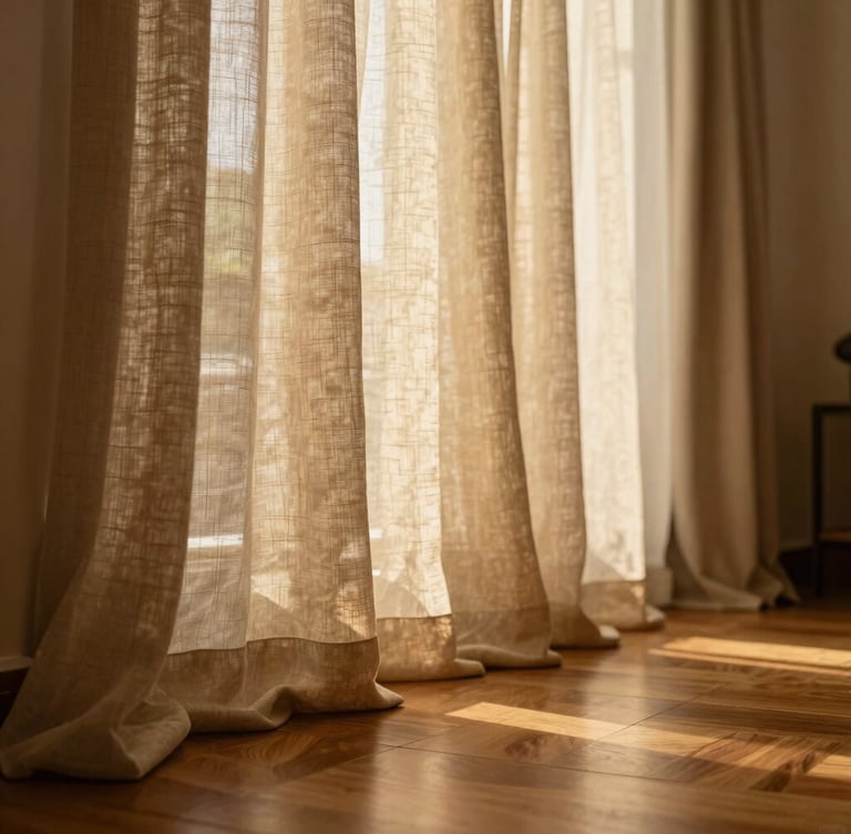 Architectural wide shot of a luxury Jakarta living room, warm golden-hour light illuminating heavy linen drapes pooling perfectly on a polished hardwood floor, shallow depth of field.