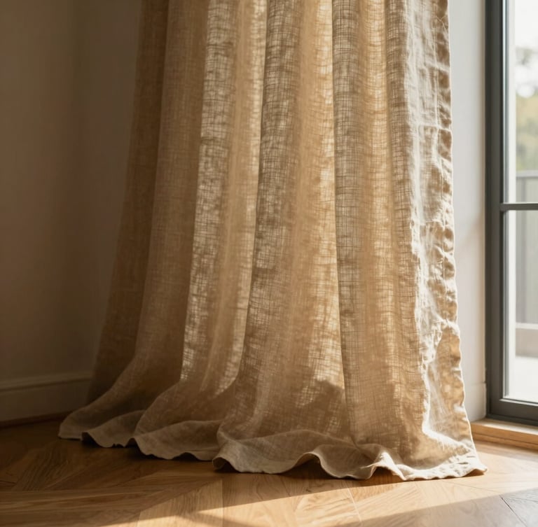 Elegant heavy linen drapes pooling perfectly on hardwood floors, soft golden-hour window light, rich tactile textures, architectural 35mm