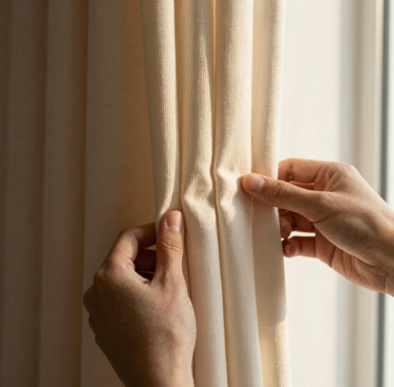 Macro close-up of hands adjusting the heavy pleats of a soft ivory curtain, warm directional window light highlighting the rich tactile texture of the weave.