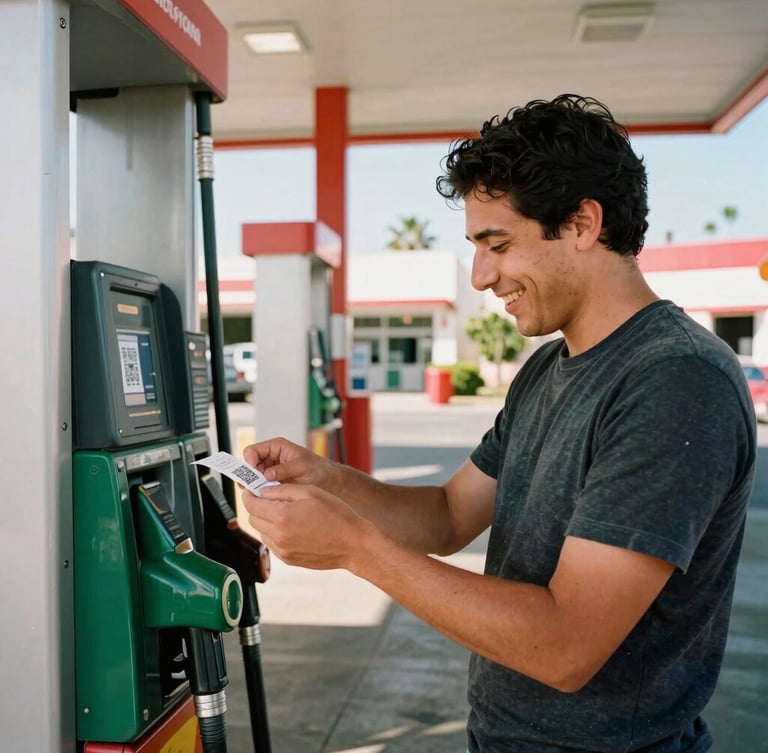 Dynamic medium shot of a driver in Tijuana smiling while scanning a QR code on a receipt at a bright modern gas station, warm Baja California sunlight, 35mm film.