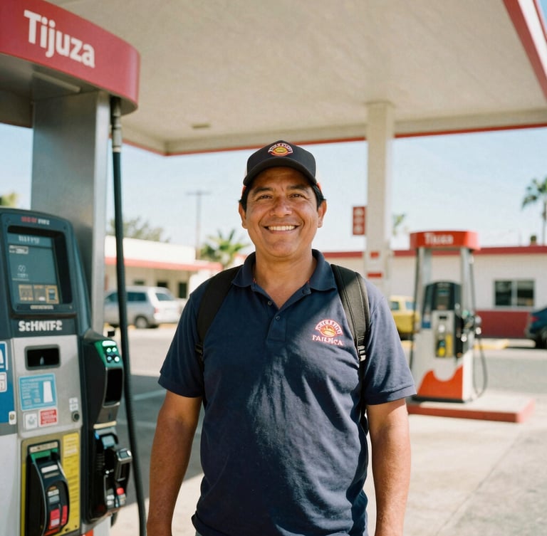 Dynamic medium shot of a friendly gas station attendant in Tijuana smiling warmly, bright Baja California sunlight, rich primary colors, 35mm film style