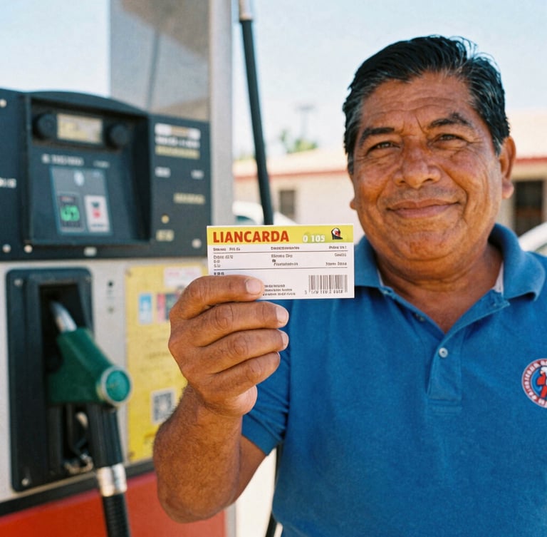 Close-up of a smiling Mexican driver holding a promotional ticket next to a fuel pump, warm Baja California sunlight