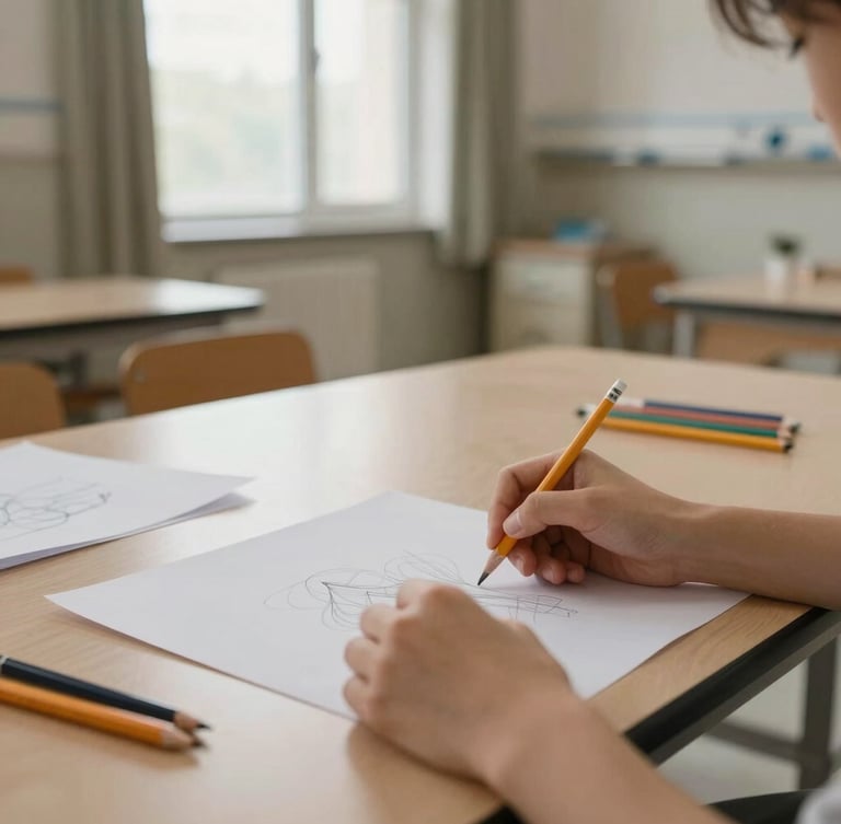 A quiet, sunlit hospital common room with a long table, hands holding charcoal pencils sketching soft lines on heavy paper, shallow depth of field, peaceful atmosphere.