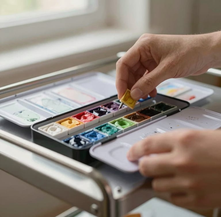 Close-up of hands arranging professional grade watercolor pans on a clean stainless steel cart under soft morning light, shallow depth of field
