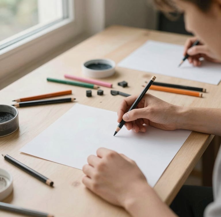 Overhead view of a clean, organized therapeutic art workshop table, hands carefully holding charcoal pencils, soft natural light from a side window