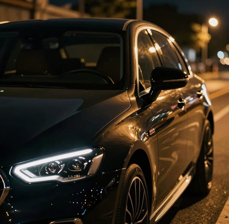 Cinematic close-up of a pristine black luxury sedan parked under soft golden city lights at night, reflections highlighting the sleek metallic lines, shallow depth of field.