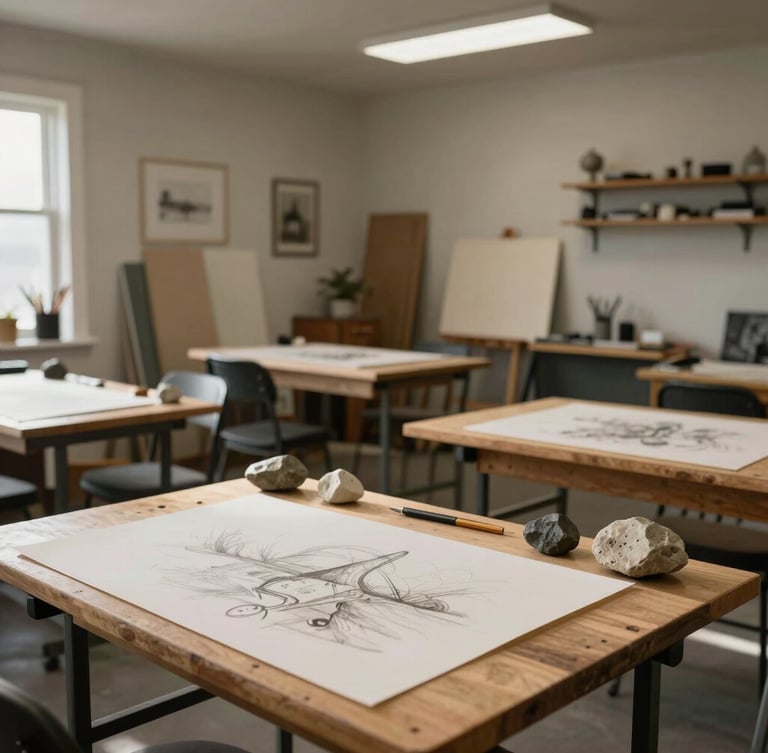 Wide-angle environmental shot of a quiet, sunlit private art studio in Wyoming, drawing tables with sketches and raw stones, soft side-lighting.