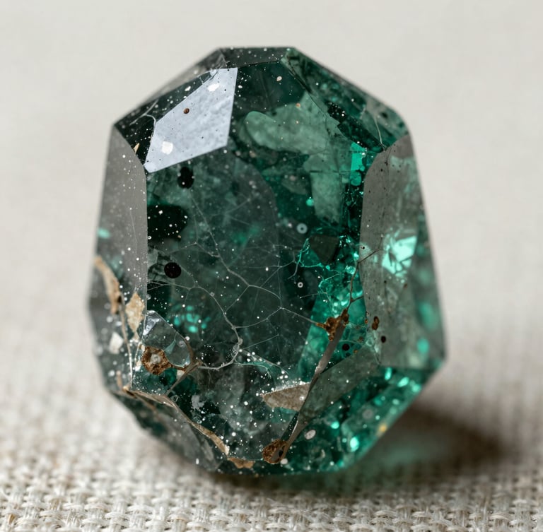 Extreme macro photograph of a raw emerald crystal showing deep green internal fractures and natural inclusions, softly lit from the side on textured linen