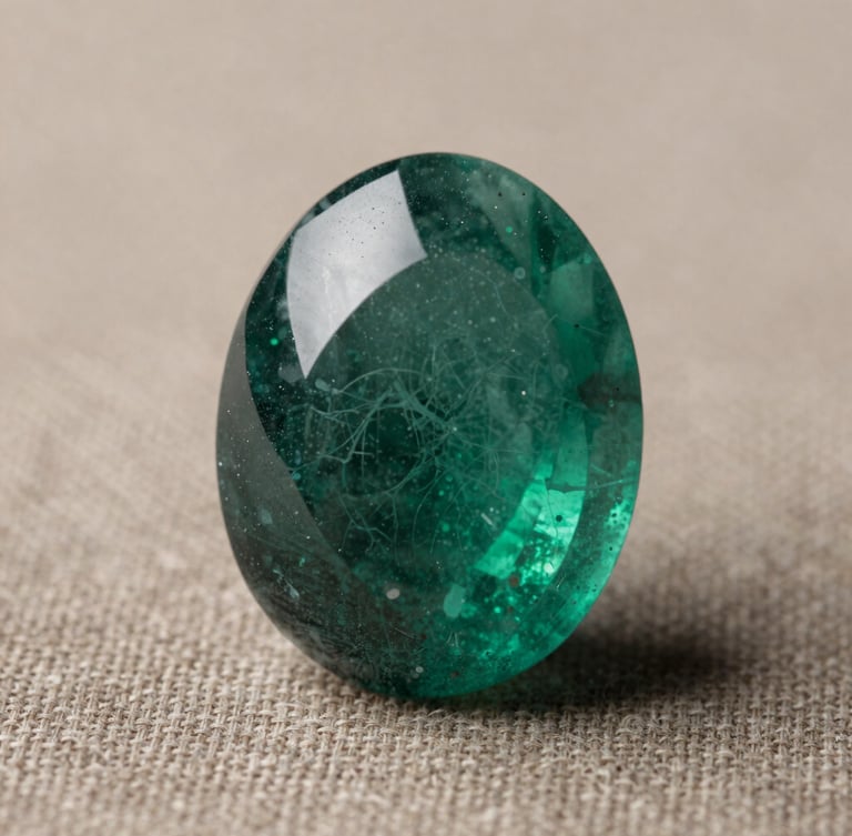 Extreme close-up of a deep green emerald showing its complex inner jardin inclusions, resting on a warm linen-textured taupe surface under soft directional studio light.