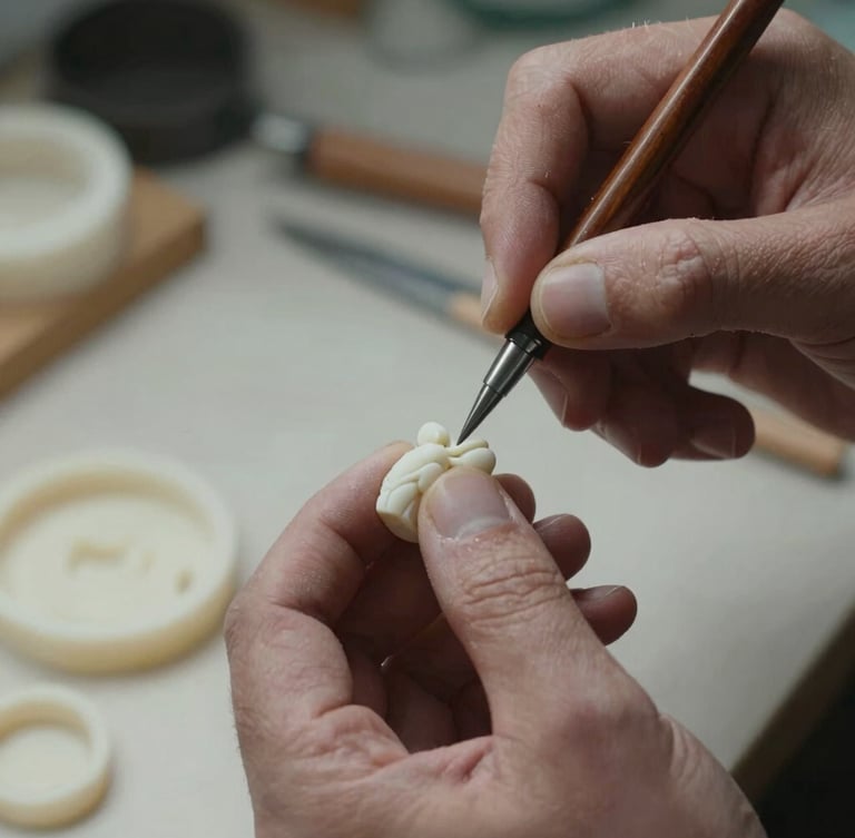Close-up of artisan hands carving a delicate wax mold for a sculptural jewelry mounting, soft side-lighting, focus on texture