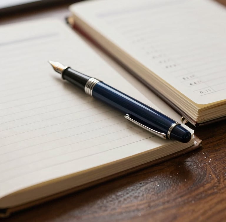 Macro shot of organized financial ledgers and a classic fountain pen on a dark oak desk, soft natural morning light, warm editorial tones, 35mm lens