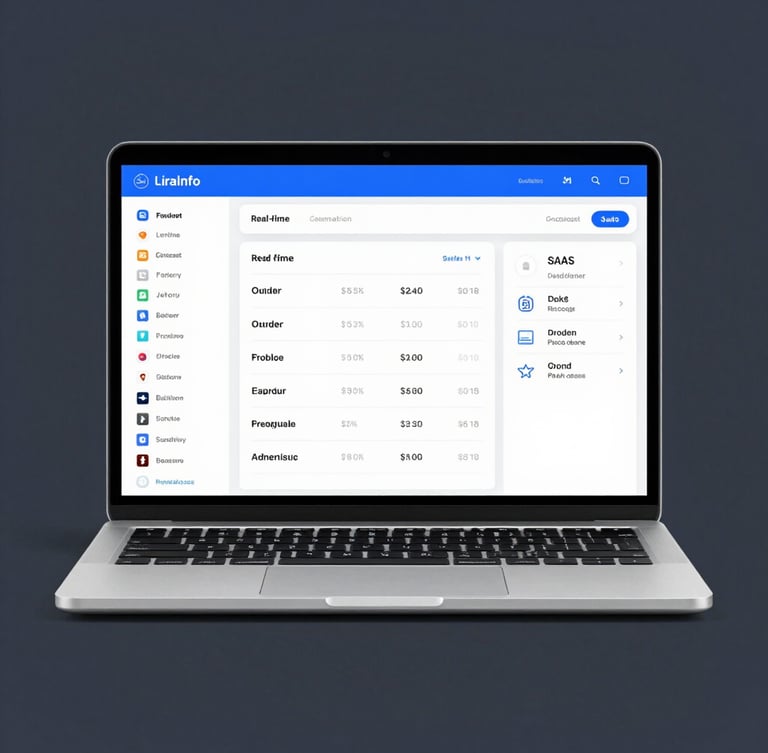 SaaS UI mockup of the LiraInfo dashboard on a sleek laptop screen, showing real-time order tracking and clean catalog templates, bright studio lighting, deep slate background.