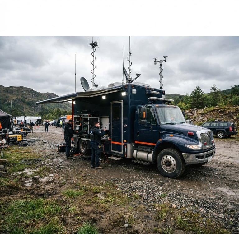 Wide panoramic shot of a SIGMA PLANNING GROUP INC mobile command vehicle deployed on-site, high-contrast overcast daylight, safety-orange accents, rugged communication gear visible, documentary photography, sharp focus, 35mm lens.
