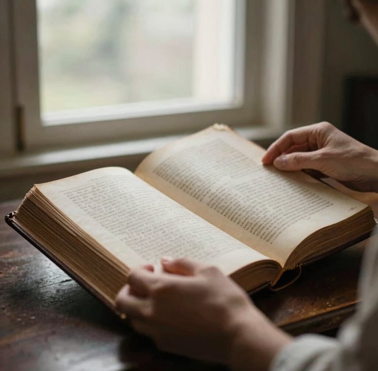 Warm editorial photograph of hands turning the pages of an ancient archival ledger book, soft natural window light, rich muted tones, shallow depth of field, 35mm film look