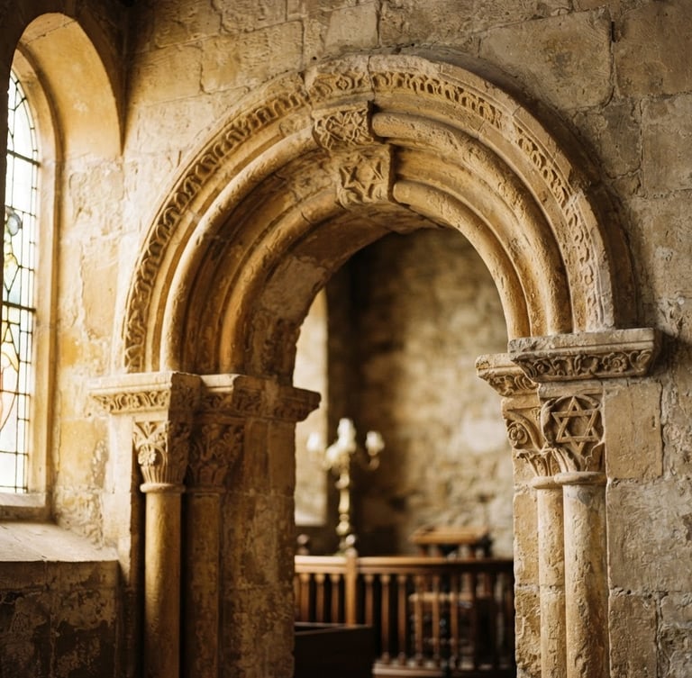 Dignified architectural detail of a historic synagogue stone archway, warm natural side-lighting, rich muted tones, shallow depth of field, 35mm film look