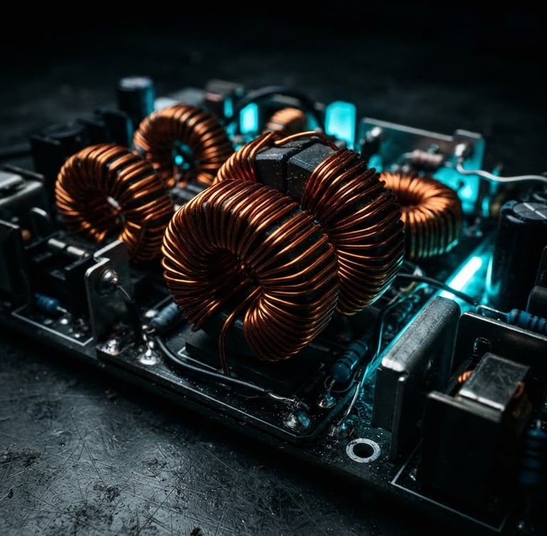 High-contrast macro image of copper-wound coils on a dark matte desk, sharp low-key neon lighting, electric cyan backlighting, industrial tech photography, macro lens, high contrast