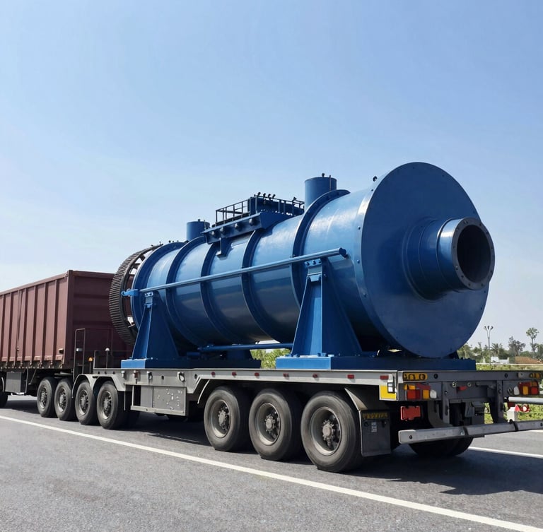 Low-angle dramatic shot of a heavy-haul multi-axle trailer carrying a massive industrial turbine on a highway, bright daylight, steel blue tones, crisp industrial photography
