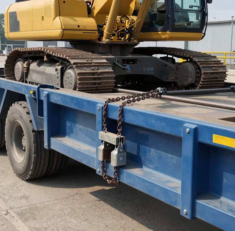 Close-up of industrial heavy-haul trailer rigging, steel chains and tensioners securing a massive yellow excavator track, bright natural daylight, crisp focus