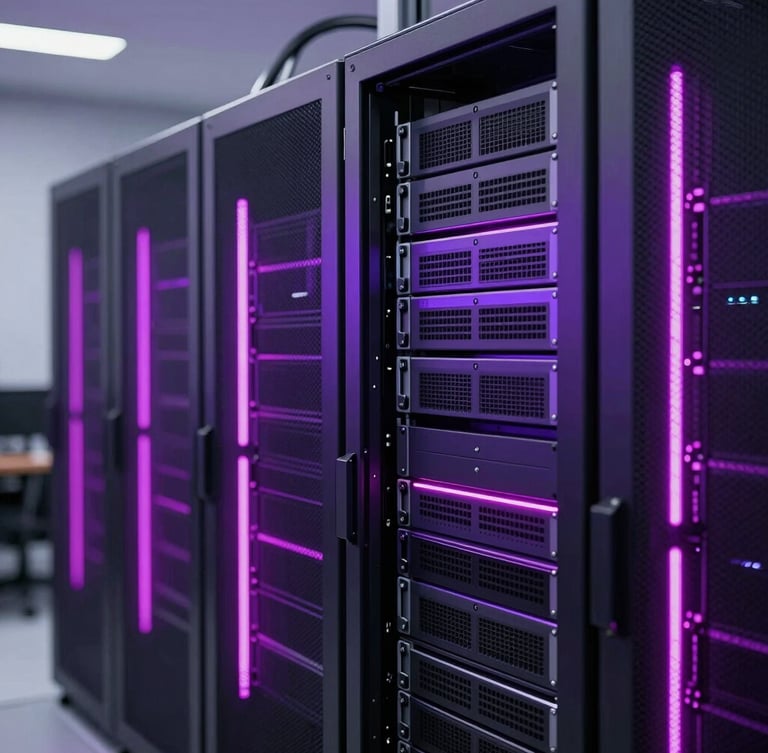 Sleek corporate technology photography, sharp focus on a modern server rack with purple and magenta LED lighting accents, clean technical environment, 35mm lens