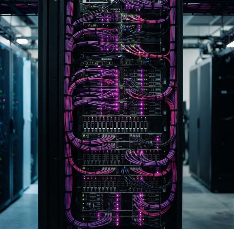 Sleek corporate technology photography, close-up of a high-density server rack with glowing purple and magenta LED indicators, clean geometric cable management, 35mm lens.