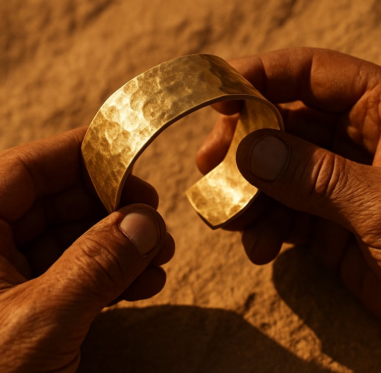 Close-up of artisan hands holding a raw, heavy gold-toned brass cuff, showing hammer marks and raw texture, warm low-angle golden hour light