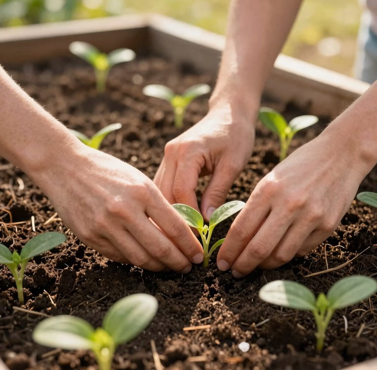 Candid close-up of hands planting green seedlings in a rich soil community garden bed, warm Ohio golden hour sunlight, shallow depth of field, 35mm