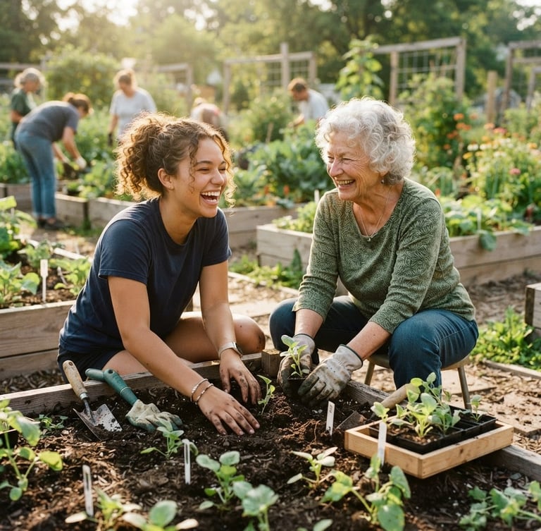 A warm, candid mid-shot of two volunteers, a young adult and an older resident, laughing together while planting seedlings in a sunny Ohio community garden, shallow depth of field, natural golden light.