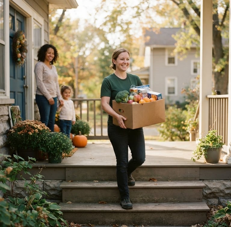 Candid photo of a friendly volunteer carrying a fresh grocery box to an Ohio family porch, warm natural daylight, shallow depth of field