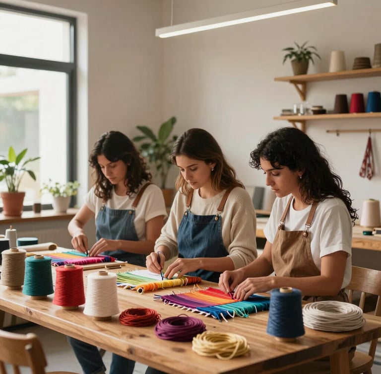 Plano medio de tres mujeres artesanas trabajando juntas en un taller textil moderno y luminoso, hilos de colores sobre una mesa de madera clara, luz de día.