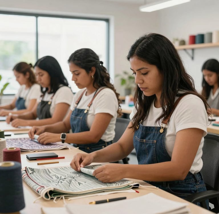 Bright daylight medium shot of Latin American women entrepreneurs actively working in a modern professional workshop, crafting high-quality textiles, focused and proud.