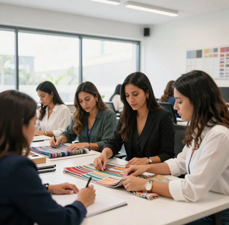 Wide shot of Latin American women entrepreneurs working in a brightly lit, modern design workshop, discussing textile patterns, professional daylight, high-trust corporate environment.