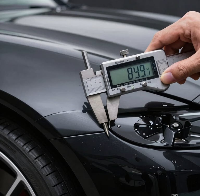 Sharp high-contrast macro shot of a digital micrometer gauge measuring the paint thickness on a pristine black luxury car fender, clean studio lighting, focus on the digital screen showing precise numbers.