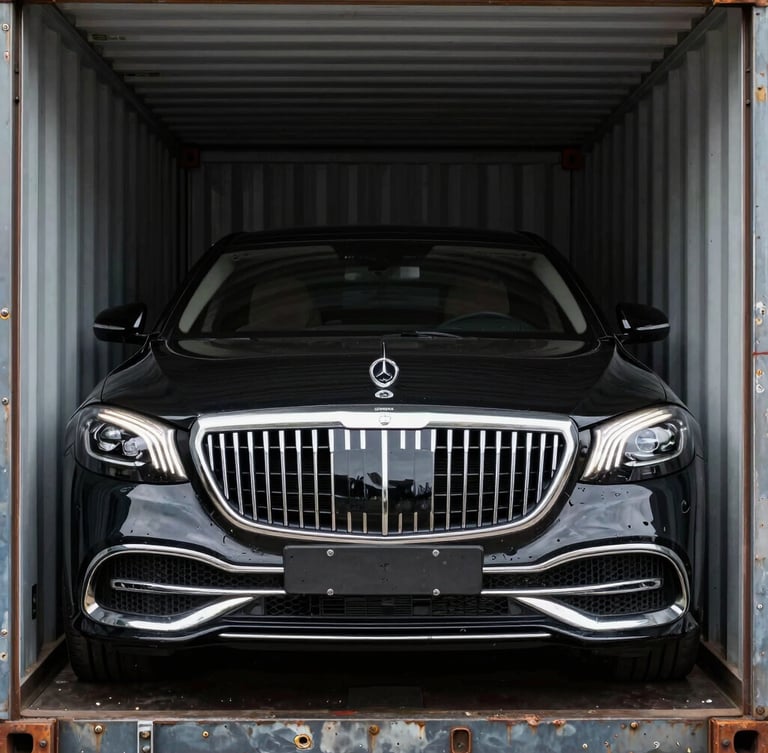 Sharp daylight close-up of a luxury German sedan front grille inside a clean shipping container, steel walls framing the vehicle, high contrast