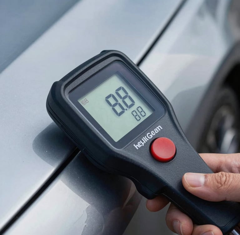 Close-up macro of a digital paint thickness gauge measuring the pristine metallic fender of a luxury German car, sharp focus on the numeric display, cold studio lighting.