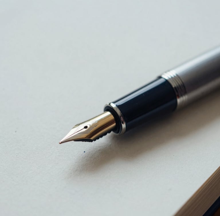Extreme close-up of a luxury gold-nibbed fountain pen resting on heavy textured cream paper stock, soft shadows, cool overcast morning light, 35mm