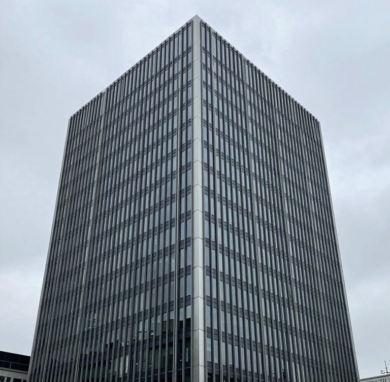 Architectural steel-and-glass crop of a modern European financial headquarters, overcast daylight, desaturated navy tones, 35mm