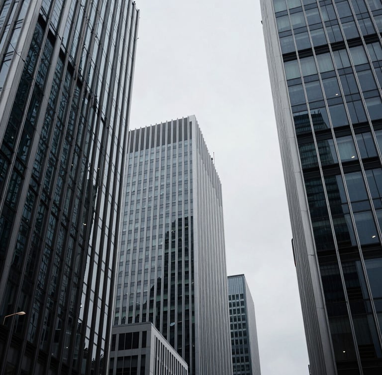 Low-angle architectural crop of a modern European financial district, cool overcast daylight, desaturated navy and platinum tones, 35mm