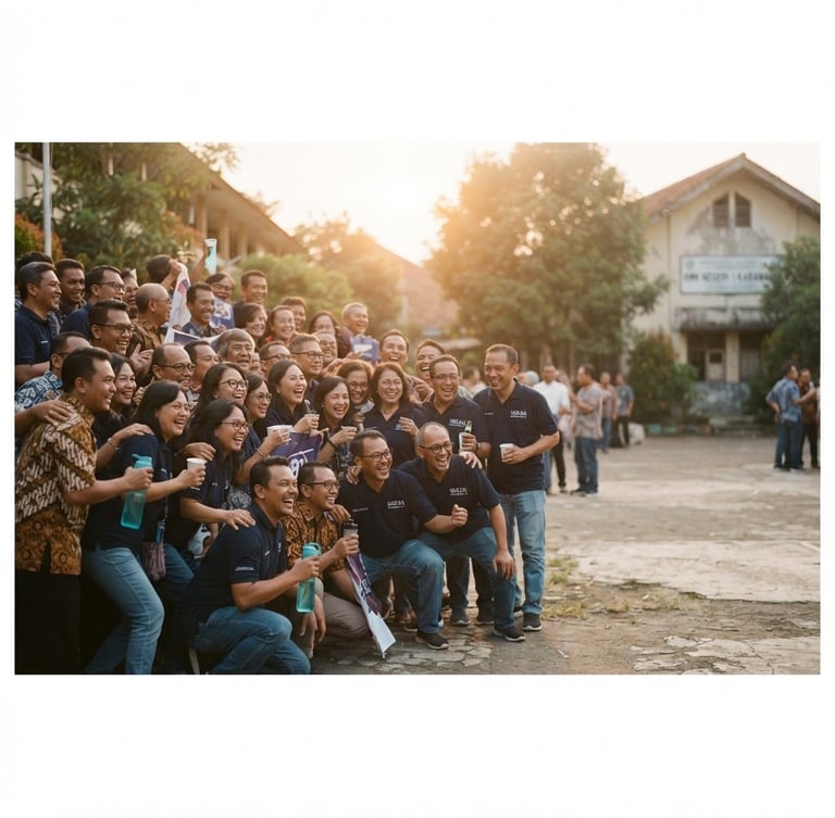 Wide shot of SMEAN Karawang class of 1993 alumni group photo, warm nostalgic photography, soft golden hour light, faded vintage analog tones, 35mm film aesthetic, all alumni laughing and connecting, off-center to the left, with negative space to the right.