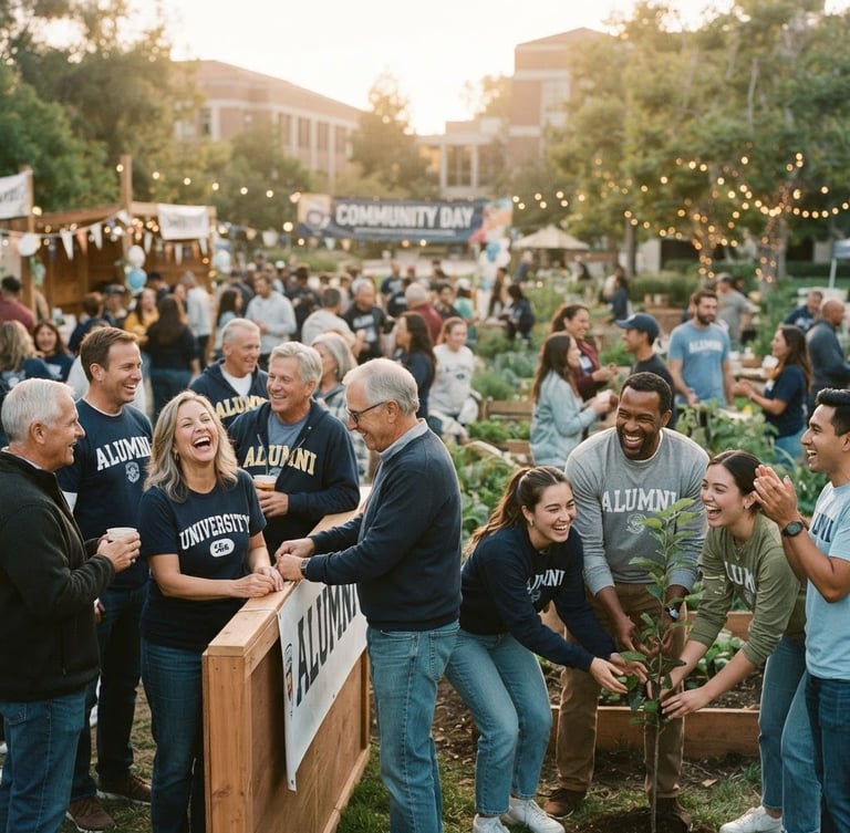Wide shot of alumni group participating in a community social activity, laughing and helping each other, warm nostalgic photography, soft golden hour light, faded vintage analog tones, 35mm film aesthetic