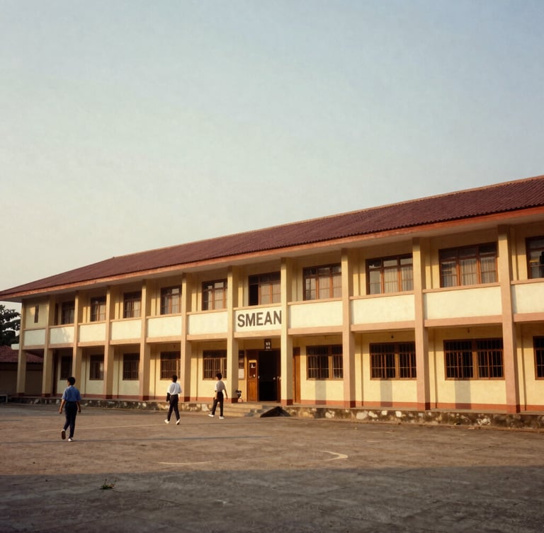 Archival photo of the old SMEAN Karawang school building exterior in the 1990s, warm nostalgic photography, soft faded vintage analog tones, 35mm film aesthetic, low angle, wide shot showing the building facade and a few students walking by.