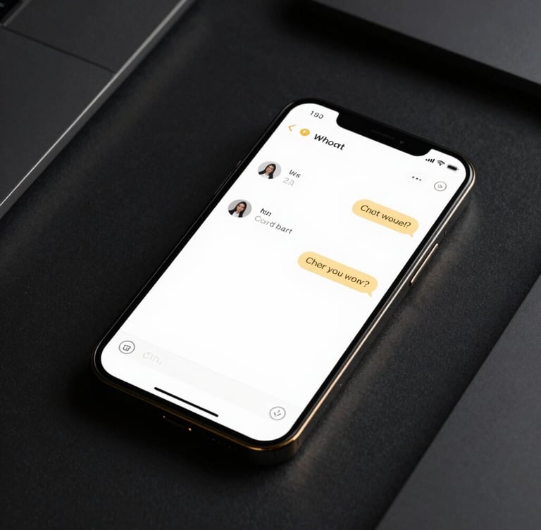 Sleek dark-mode technology photography, high-contrast gold light accents, close-up of a mobile screen displaying a clean chat interface on a minimalist obsidian desk, sharp focus, 35mm lens